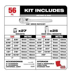 Milwaukee 48-22-9008 3/8 in. Drive SAE/Metric Ratchet and Socket Mechanics Tool Set (56-Piece)