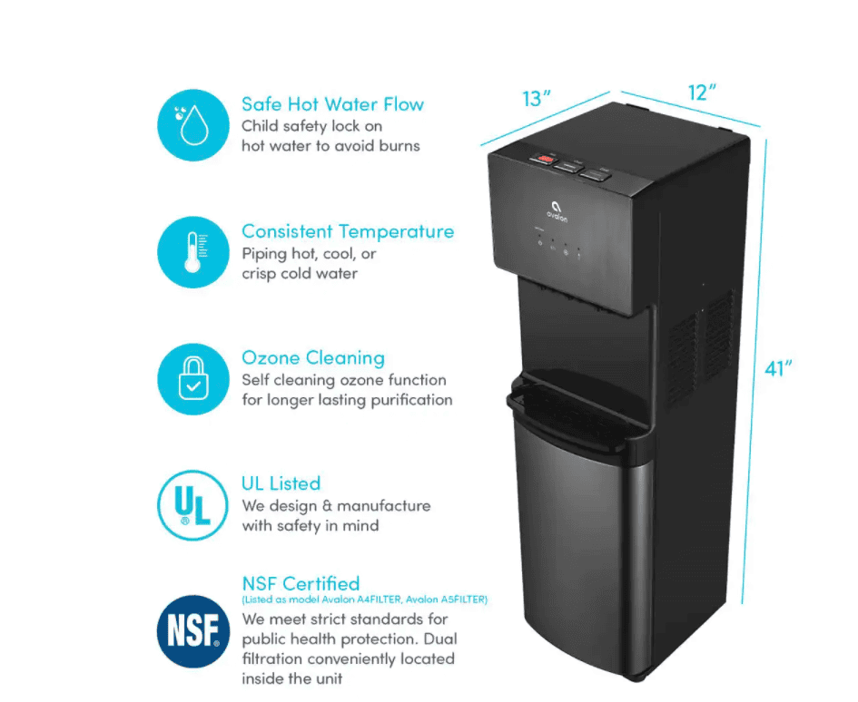 Avalon A5BLK Self Cleaning Bottleless Water Cooler Dispenser, UL/NSF/Energy Star, Black Stainless Steel