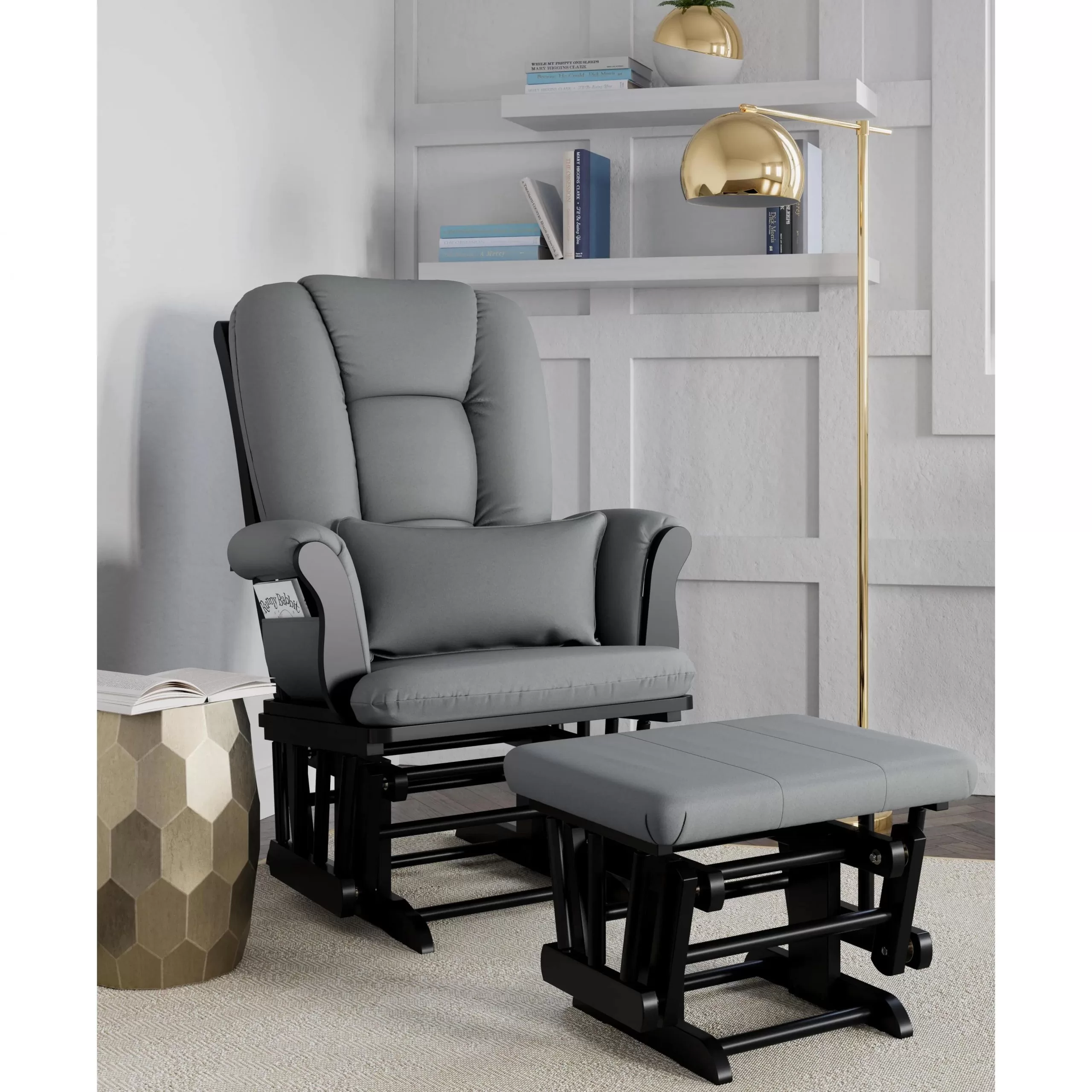 Storkcraft Tuscany Gray Cushion Black Glider and Ottoman Set