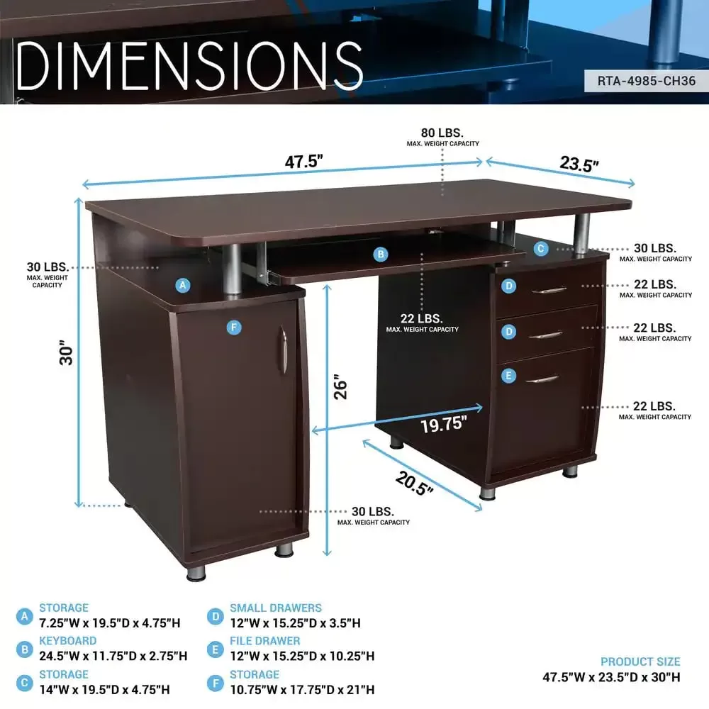 TECHNI MOBILI 48 in. Rectangular Chocolate 3 Drawer Computer Desk