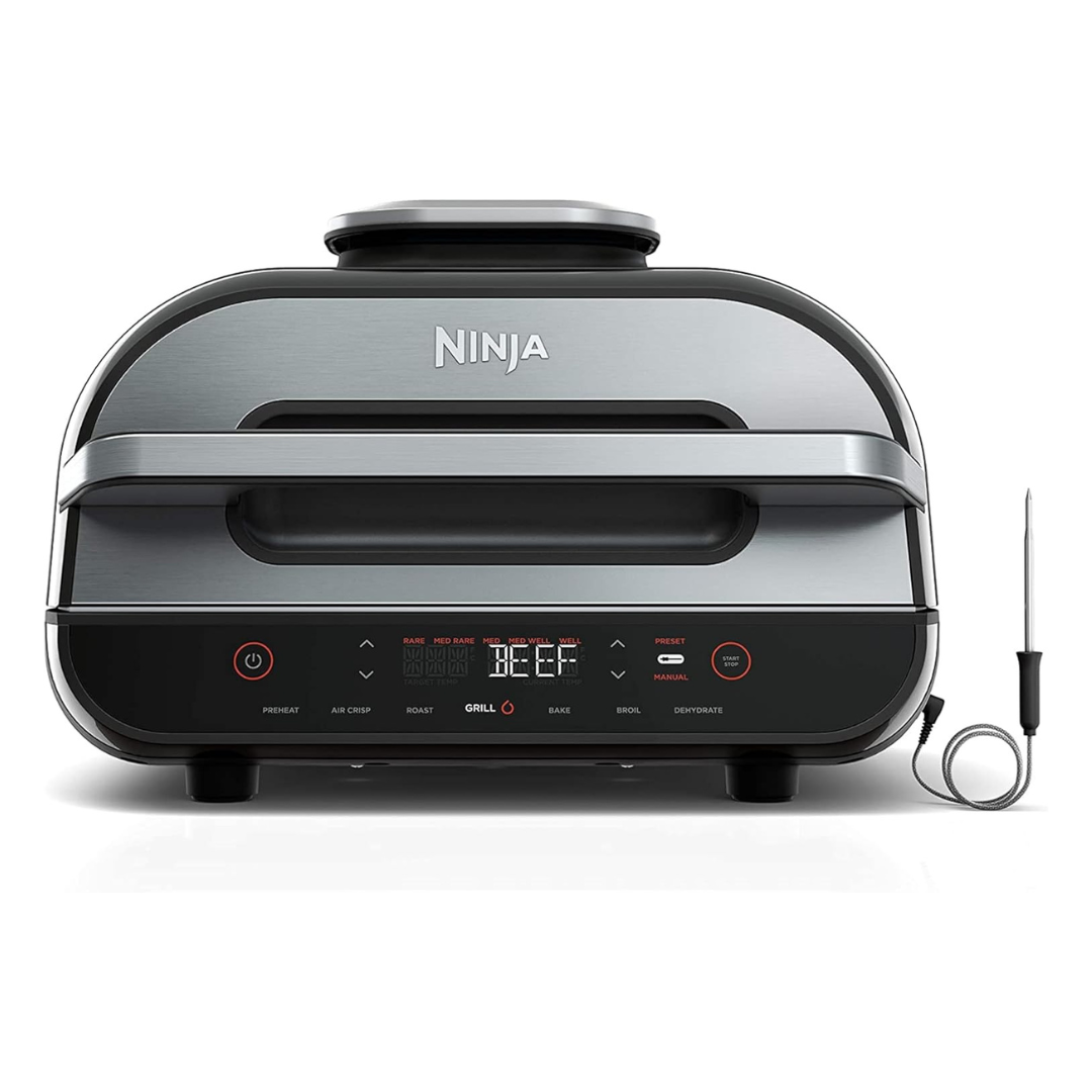 Ninja FG551 Foodi Smart XL 6-in-1 Indoor Grill with Air Fry, Roast, Bake, Broil & Dehydrate, Smart Thermometer, Black/Silver