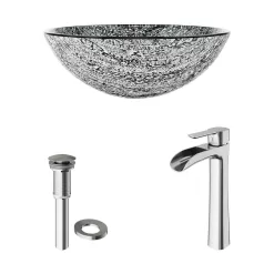 VIGO VG07050 Glass Round Vessel Bathroom Sink in Titanium Gray with Faucet in Brushed Nickel