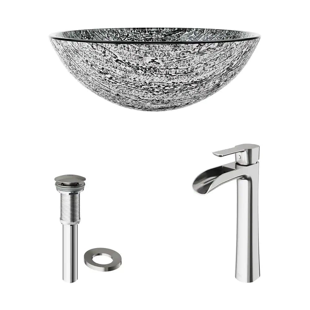 VIGO VG07050 Glass Round Vessel Bathroom Sink in Titanium Gray with Faucet in Brushed Nickel