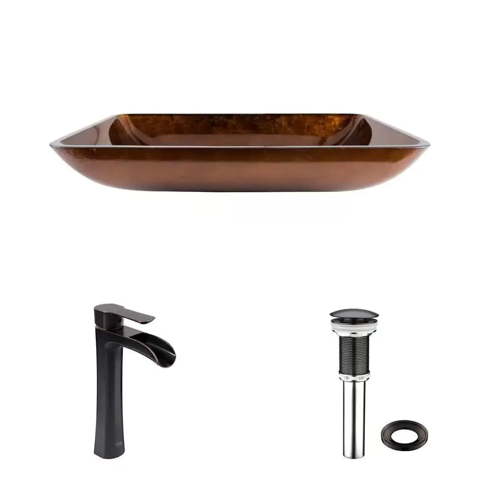 VIGO VGT1055 Glass Rectangular Vessel Bathroom Sink, Chocolate Brown, Antique Rubbed Bronze