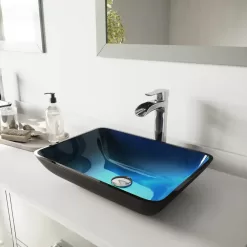 VIGO VGT1073 Glass Rectangular Vessel Bathroom Sink in Turquoise Blue, Chrome