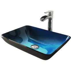 VIGO VGT1073 Glass Rectangular Vessel Bathroom Sink in Turquoise Blue, Chrome
