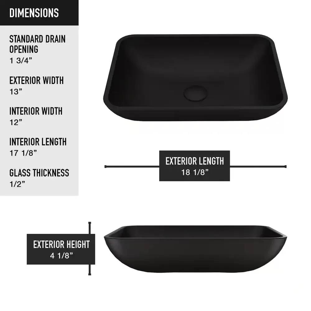 VIGO VGT1428 Matte Shell Sottile Glass Rectangular Vessel Bathroom Sink in Black