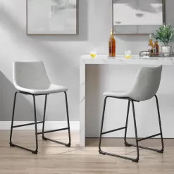Walker Edison Wasatch 24 in, Frame Counter Height Bar Stool, Leather Seat (Set of 2)