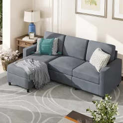 Walsunny Convertible Sectional Reversible Chaise, L-Shaped Sofa with Modern Linen Fabric (Gray)