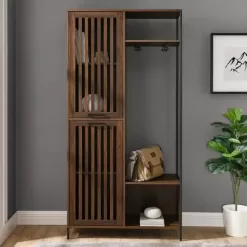Welwick Designs 72 in. Dark Walnut Slat Door Metal and Wood Hall Tree
