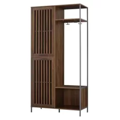 Welwick Designs 72 in. Dark Walnut Slat Door Metal and Wood Hall Tree