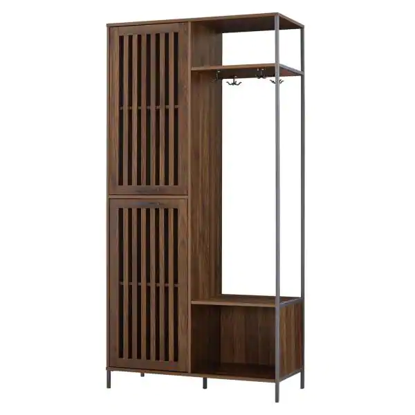 Welwick Designs 72 in. Dark Walnut Slat Door Metal and Wood Hall Tree