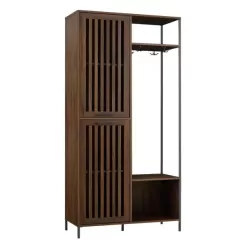 Welwick Designs 72 in. Dark Walnut Slat Door Metal and Wood Hall Tree