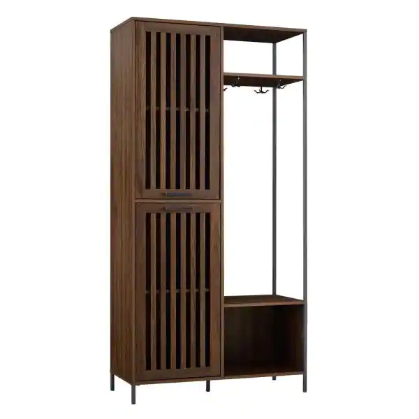 Welwick Designs 72 in. Dark Walnut Slat Door Metal and Wood Hall Tree