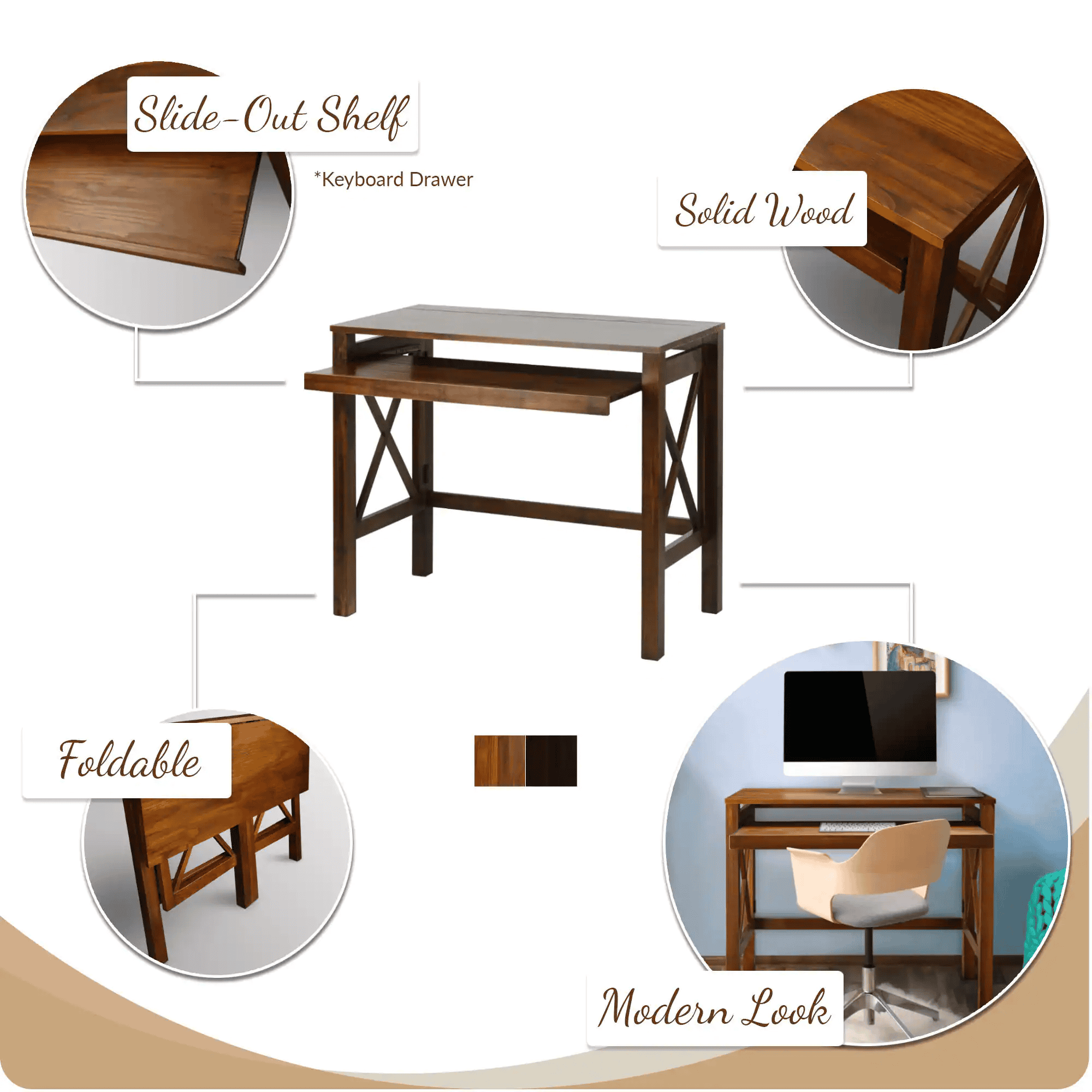 X-Design Warm Brown Folding Desk with Pull-Out