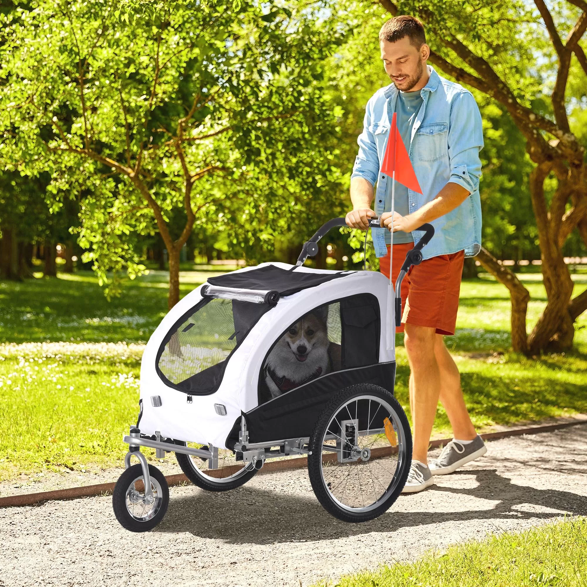 Aosom Pet Stroller with Canopy Storage Pockets Adjustable Handlebar, White