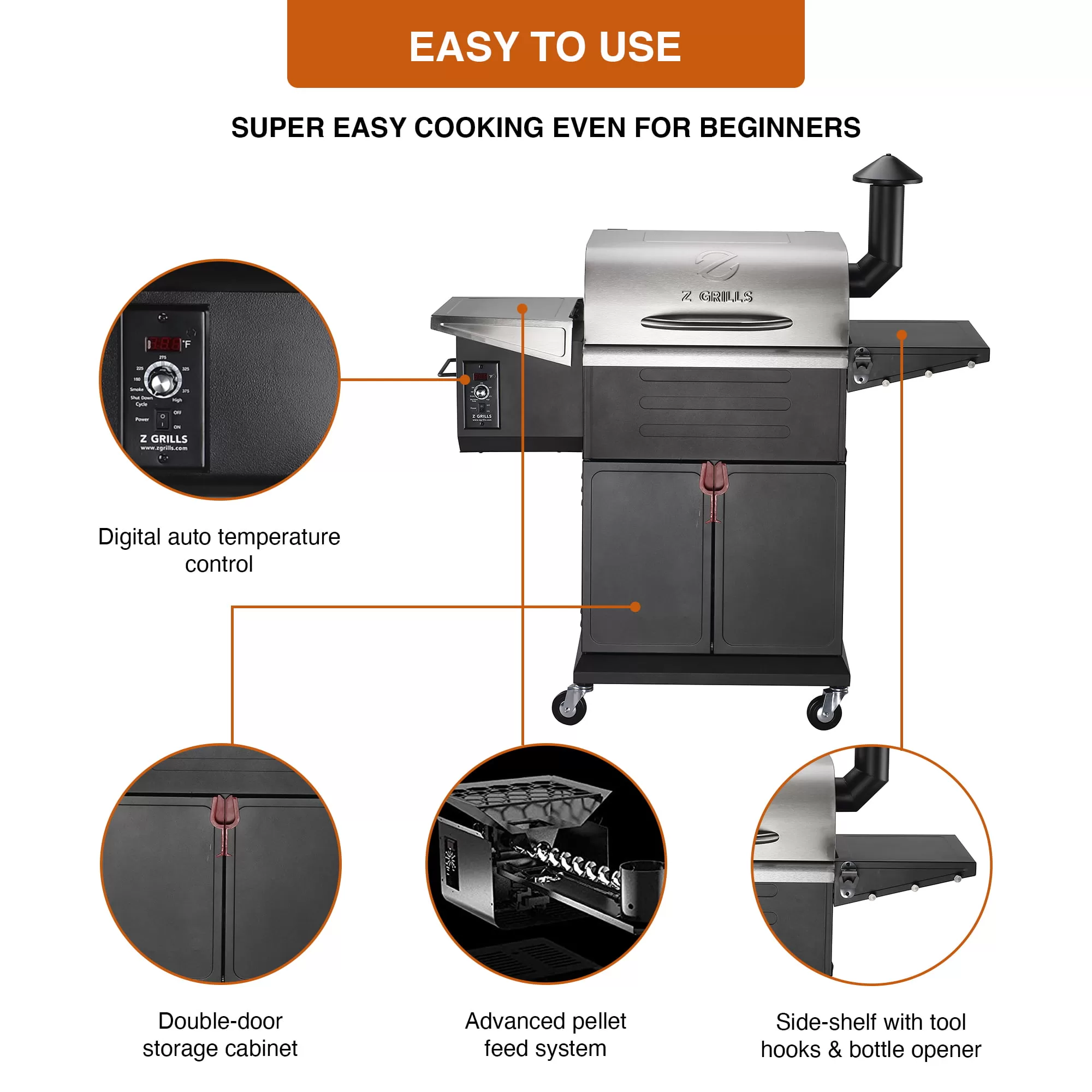 Z GRILLS ZPG-600D3E 573 sq. in. Wood Pellet Grill and Smoker 8-in-1 BBQ Stainless Steel