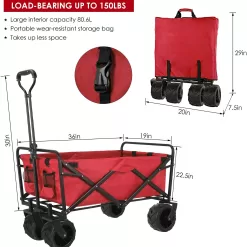 BAHOM Folding Collapsible Outdoor Utility Wagon Cart, Heavy Duty Garden Cart with All-Terrain Wheels and Carrying Bag ,Red