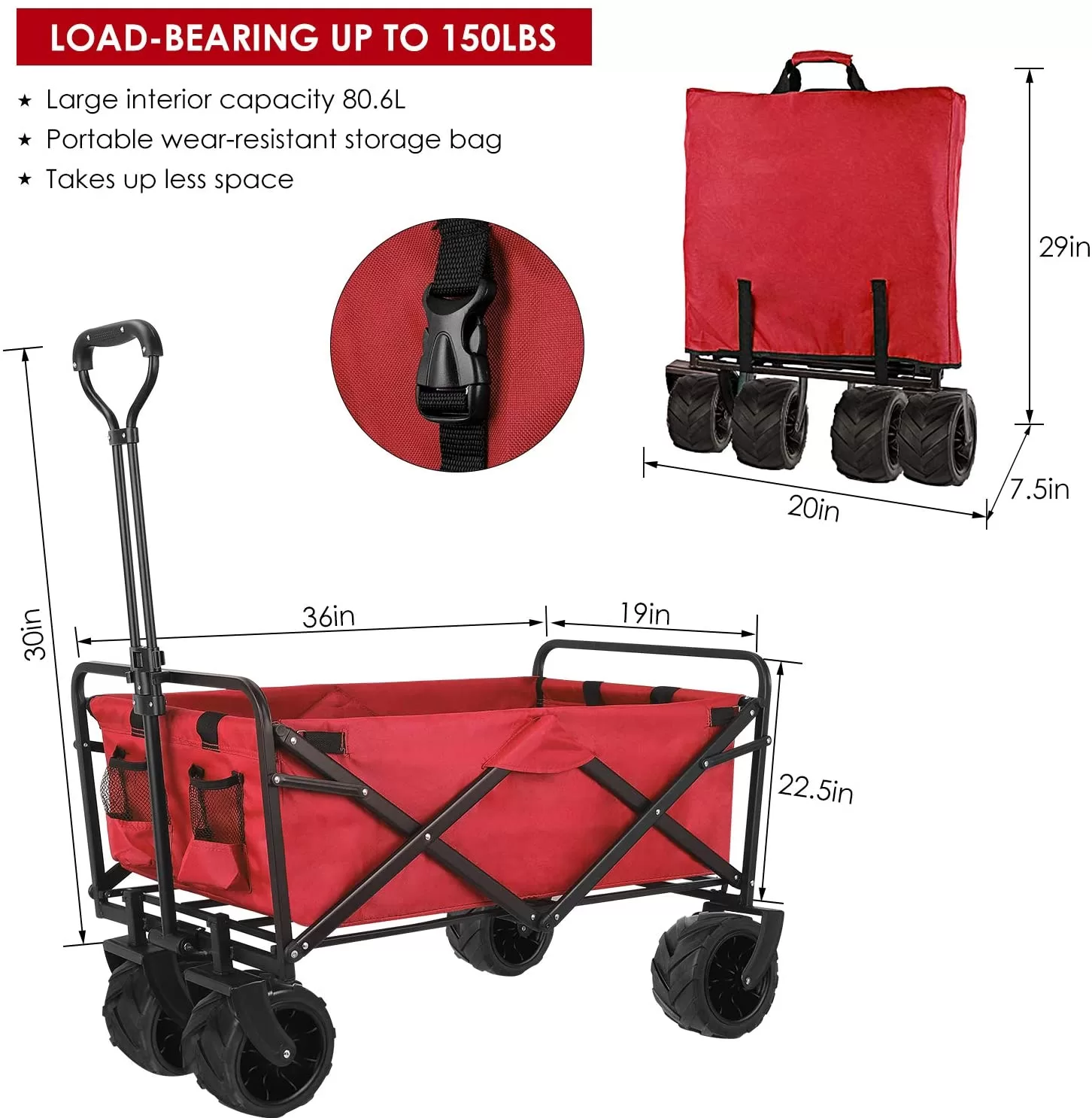 BAHOM Folding Collapsible Outdoor Utility Wagon Cart, Heavy Duty Garden Cart with All-Terrain Wheels and Carrying Bag ,Red
