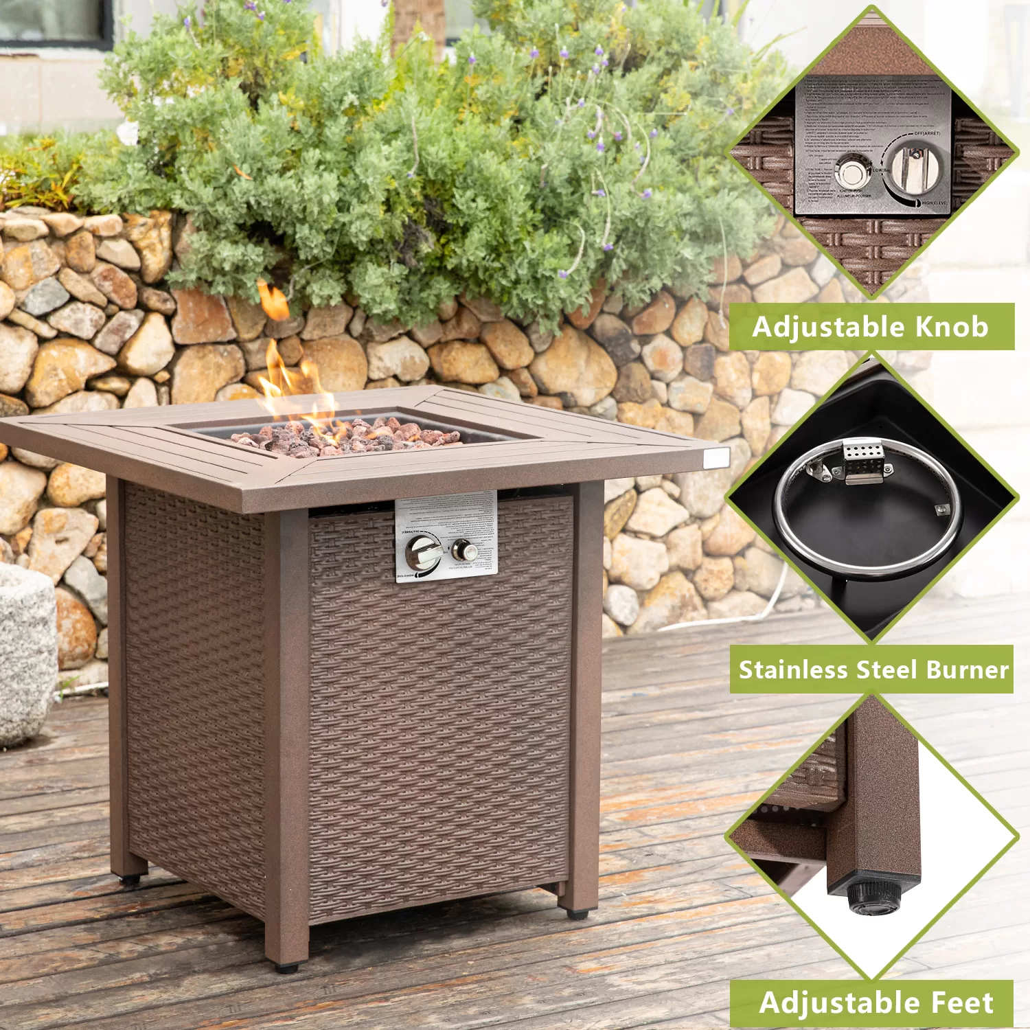 COSIEST Outdoor Propane Fire Table, 28-inch Brown Square Fire Pit, 40000 BTU