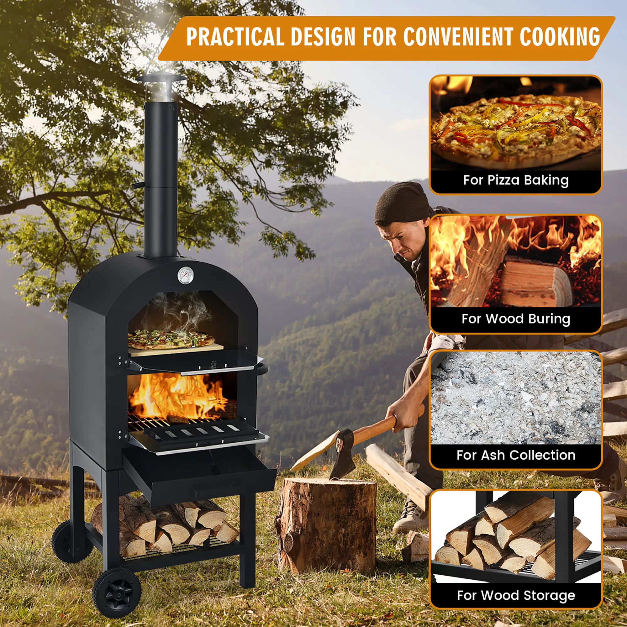 Costway Outdoor Pizza Oven Wood Fire Pizza Maker Grill w/ Pizza Stone & Waterproof Cover
