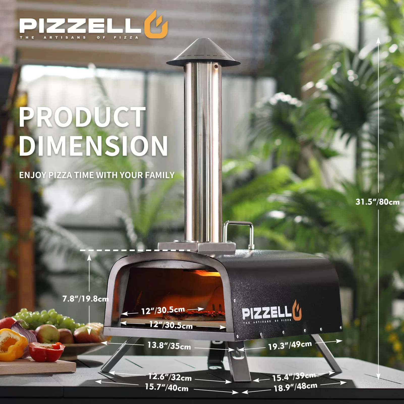 PIZZELLO Pellet Pizza Oven 12" Outdoor Wood Fired Pizza Ovens with Pizza Stone, Pizza Peel, Fold-up Legs, Cover, Thermometer, Chimney - Black