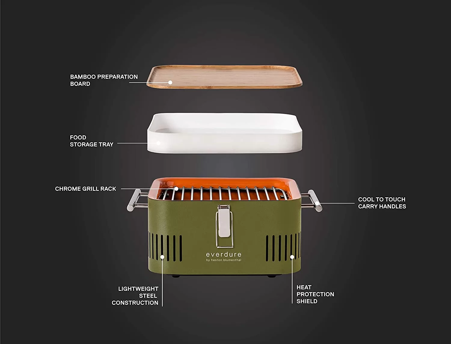 Everdure CUBE Charcoal Grill with Cool Touch Handles, Storage Container & Bamboo Serving Board