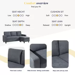 Walsunny Convertible Sectional Reversible Chaise, L-Shaped Sofa with Modern Linen Fabric(Gray)