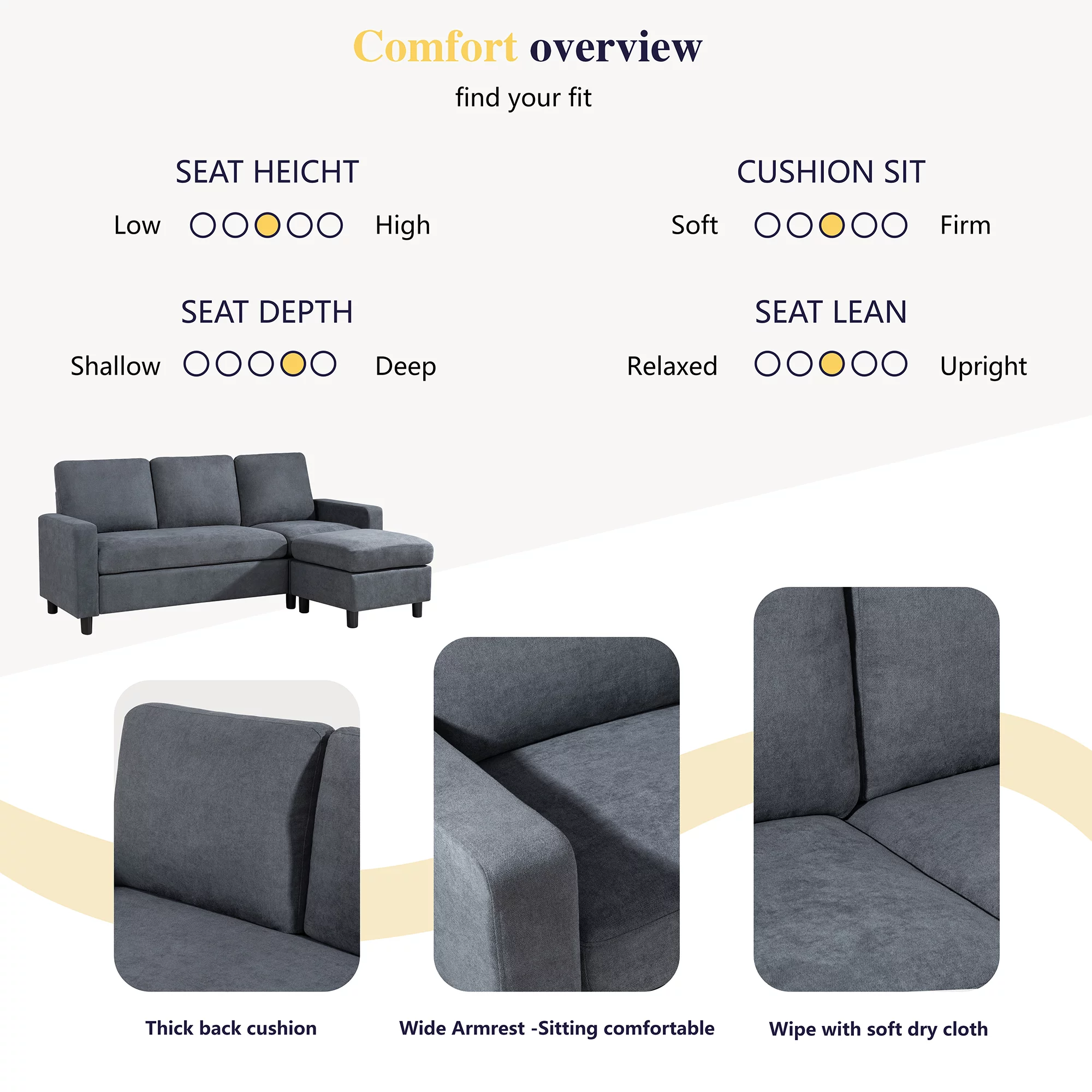 Walsunny Convertible Sectional Reversible Chaise, L-Shaped Sofa with Modern Linen Fabric(Gray)