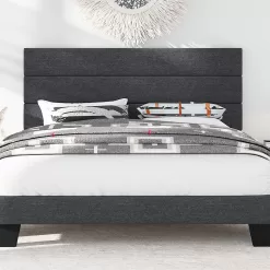 Allewie Queen Size Platform Bed Frame with Fabric Upholstered Headboard, Dark Grey