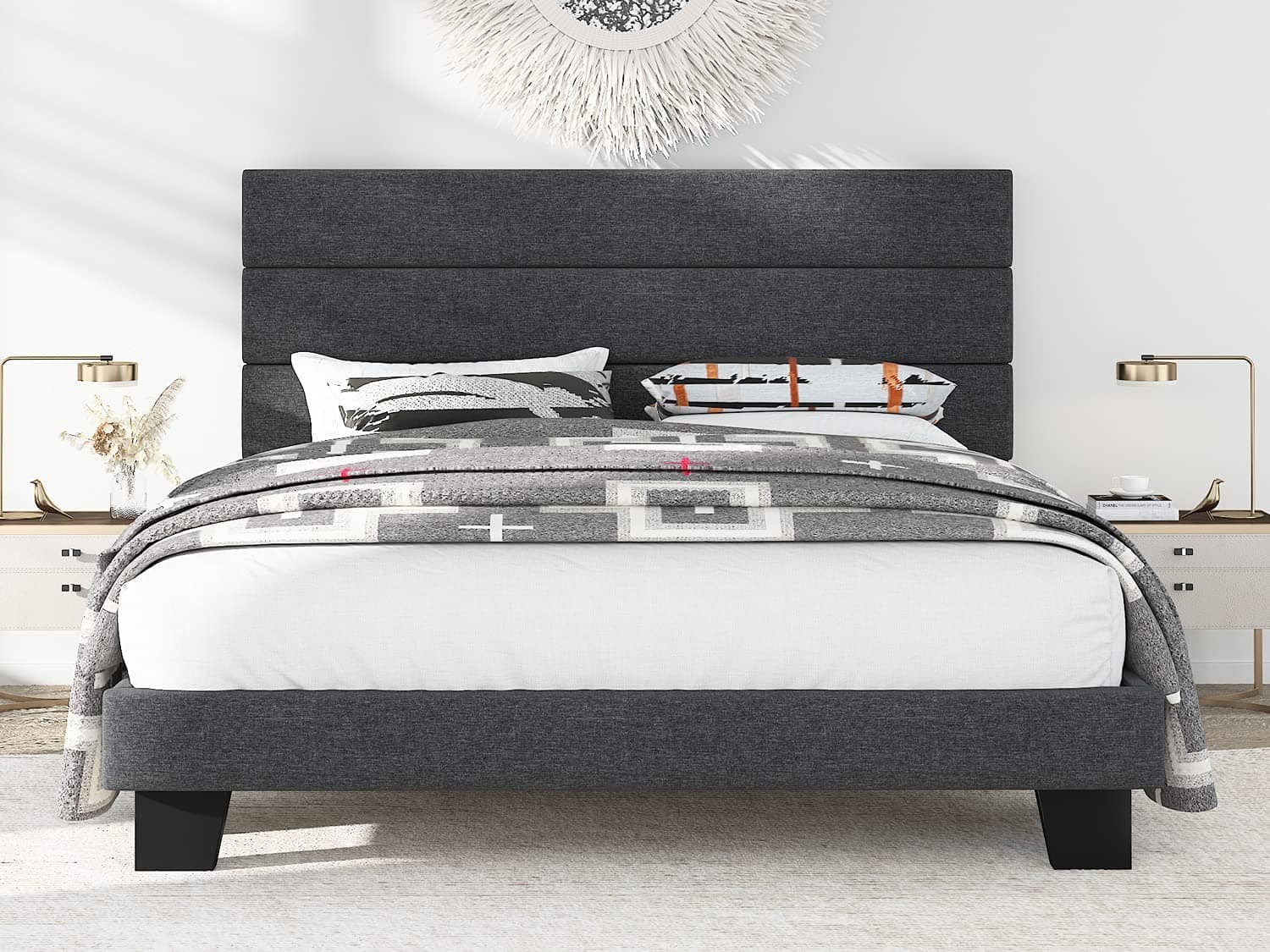 Allewie Queen Size Platform Bed Frame with Fabric Upholstered Headboard, Dark Grey