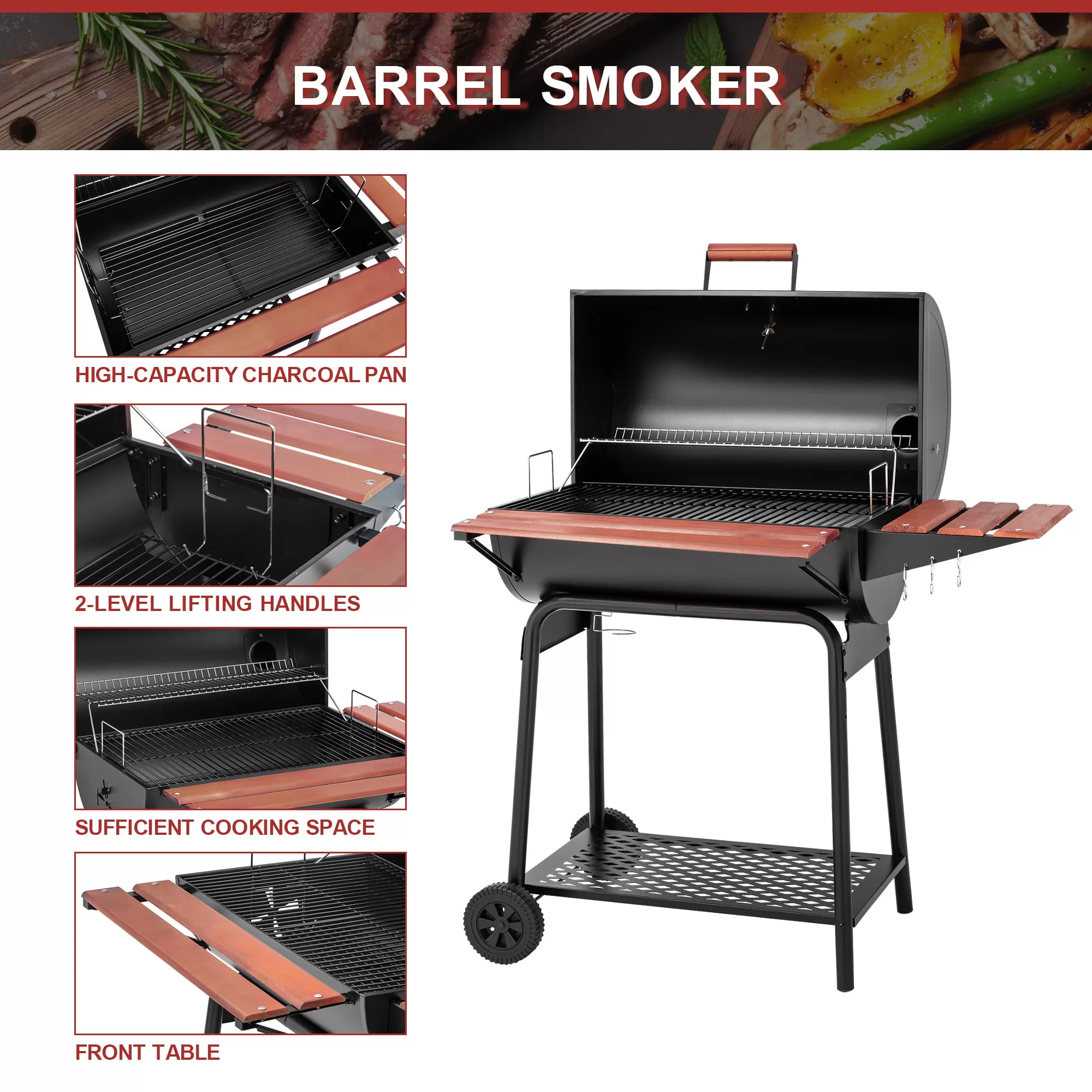 Royal Gourmet CC1830V 30" Barrel Charcoal Grill with Wood-Painted Side Table and Front Table