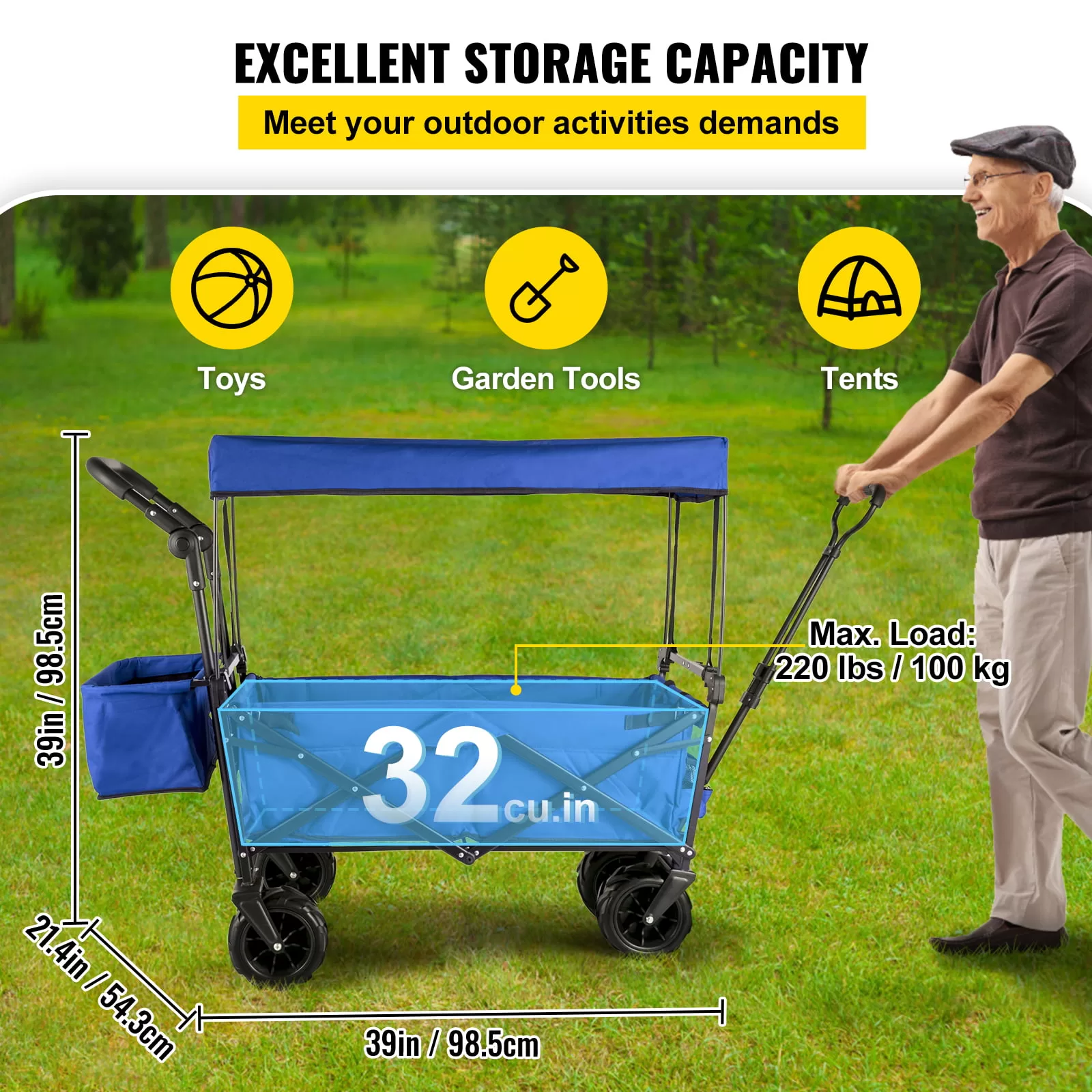 VEVORbrand Collapsible Wagon Cart Blue, Removable Canopy 600D Oxford Cloth, Portable Folding Wagon Adjustable Handles