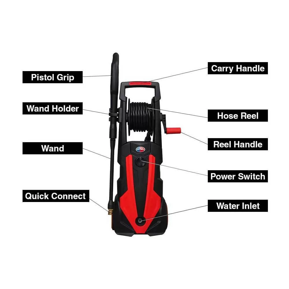All Power APW5006R 2000 PSI 1.6 GPM Red Electric Pressure Washer with Hose Reel for Buildings, Walkway, Vehicles and Outdoor Cleaning