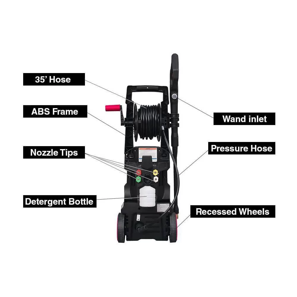 All Power APW5006R 2000 PSI 1.6 GPM Red Electric Pressure Washer with Hose Reel for Buildings, Walkway, Vehicles and Outdoor Cleaning
