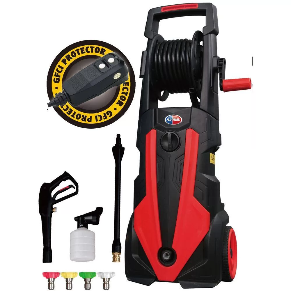 All Power APW5006R 2000 PSI 1.6 GPM Red Electric Pressure Washer with Hose Reel for Buildings, Walkway, Vehicles and Outdoor Cleaning
