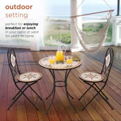Alpine Corporation Indoor/Outdoor 3-Piece Mosaic Bistro Set Folding Table and Chairs Patio Seating, Tan