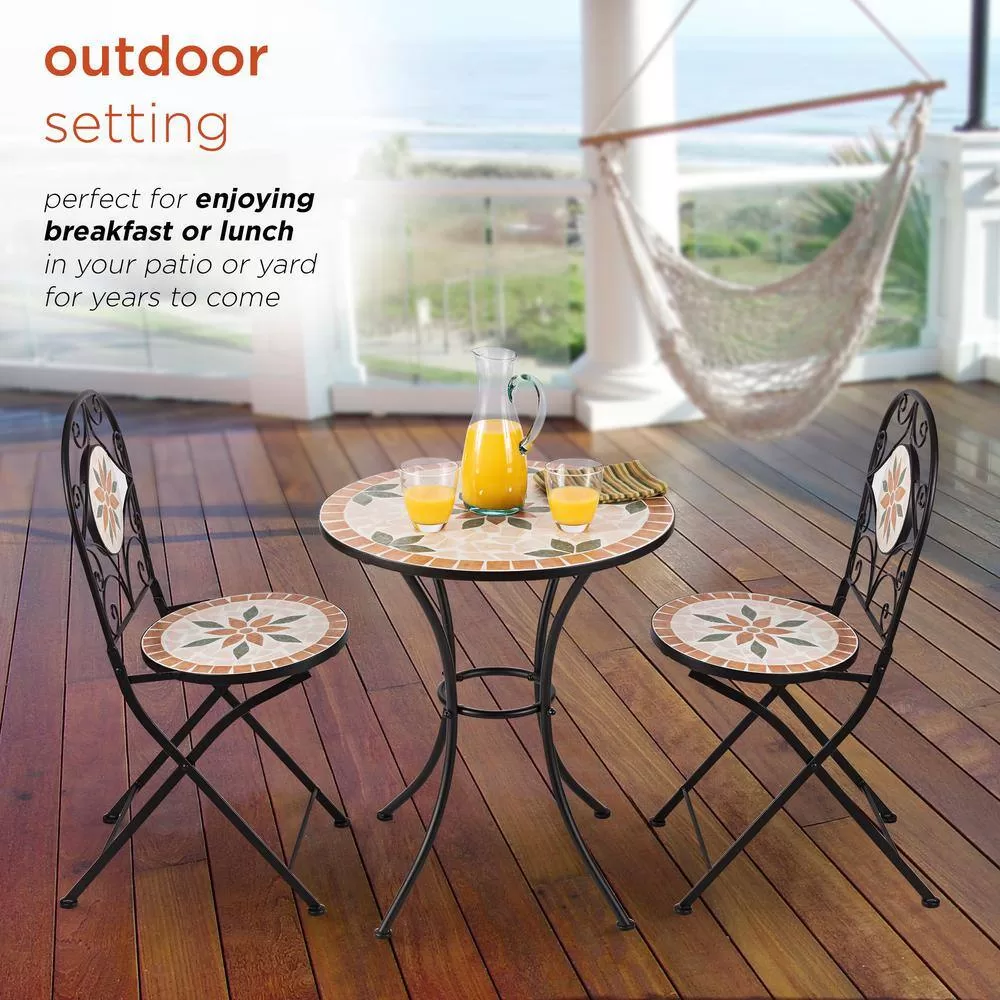 Alpine Corporation Indoor/Outdoor 3-Piece Mosaic Bistro Set Folding Table and Chairs Patio Seating, Tan