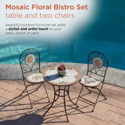 Alpine Corporation Indoor/Outdoor 3-Piece Mosaic Bistro Set Folding Table and Chairs Patio Seating, Tan