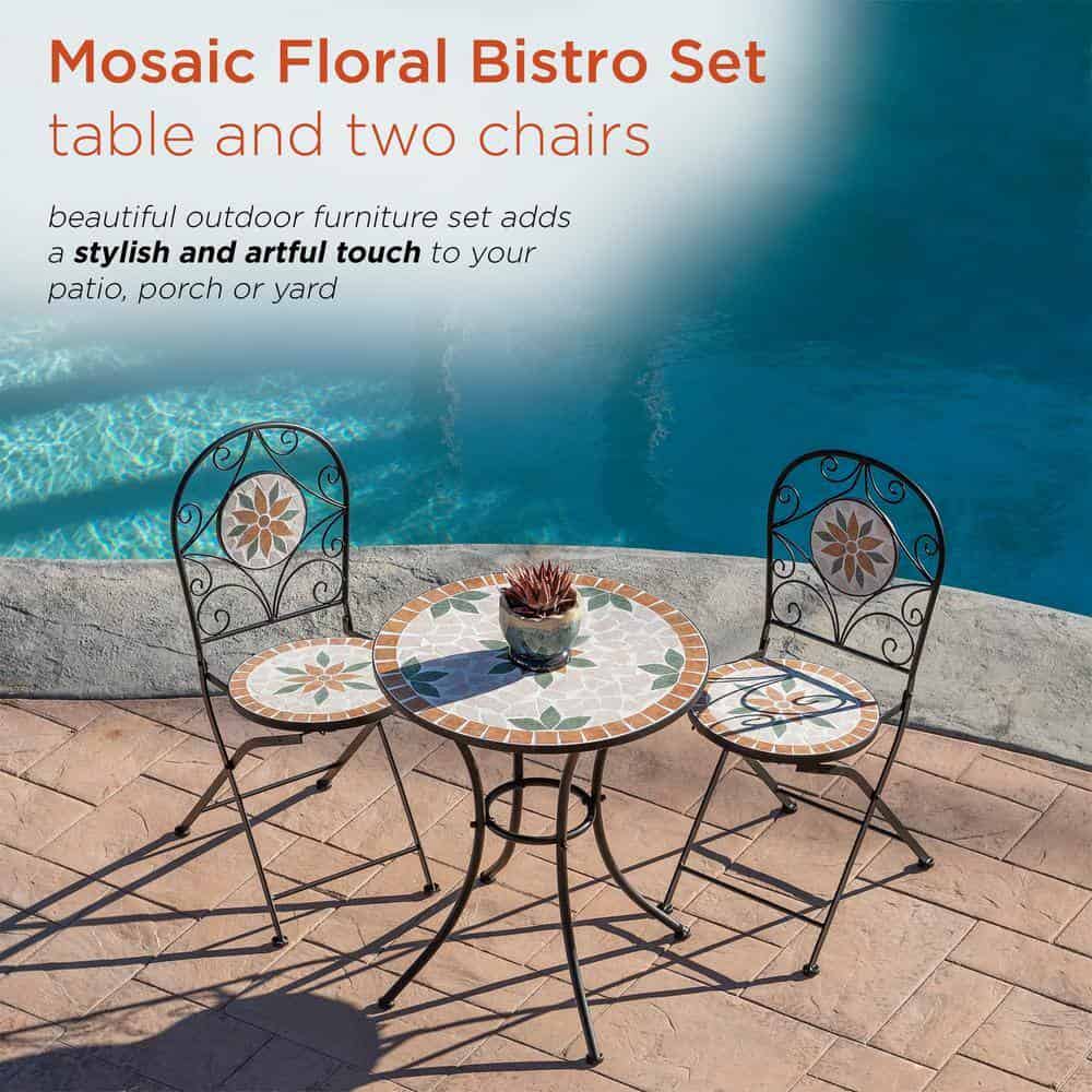 Alpine Corporation Indoor/Outdoor 3-Piece Mosaic Bistro Set Folding Table and Chairs Patio Seating, Tan