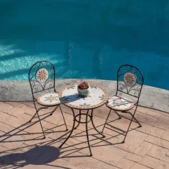 Alpine Corporation Indoor/Outdoor 3-Piece Mosaic Bistro Set Folding Table and Chairs Patio Seating, Tan