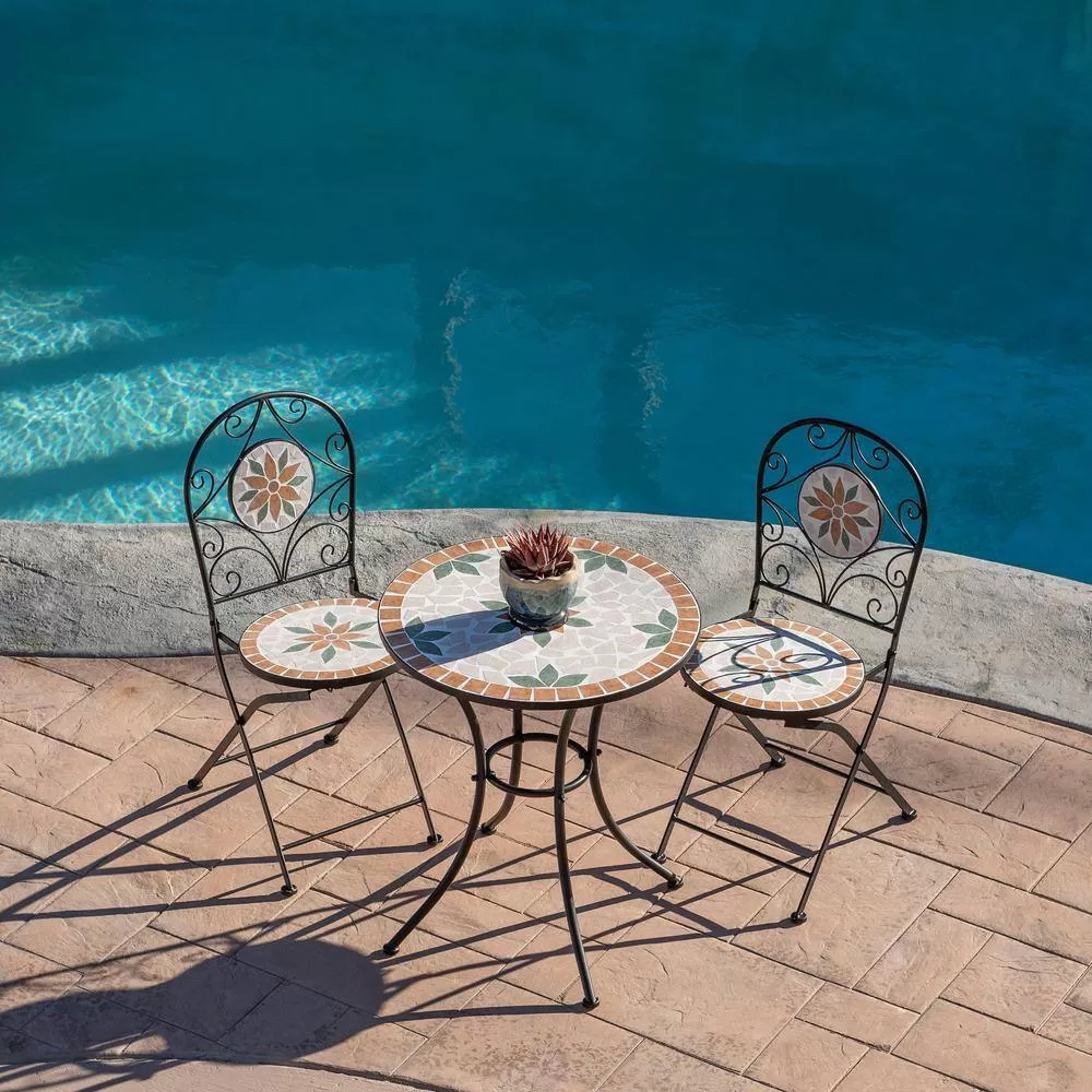 Alpine Corporation Indoor/Outdoor 3-Piece Mosaic Bistro Set Folding Table and Chairs Patio Seating, Tan