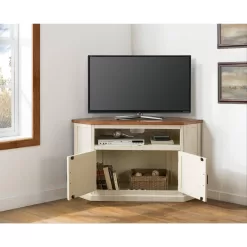 Martin Svensson Home Rustic Corner Antique White Metal Corner TV Stand Fits TVs Up to 55 in. with Cable Management