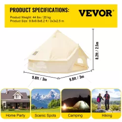 VEVORbrand Canvas Bell Tent 9.84ft Cotton Canvas Tent with Wall Stove Jacket Glamping Tent Waterproof Bell Tent for Family Camping Outdoor Hunting in 4 Seasons