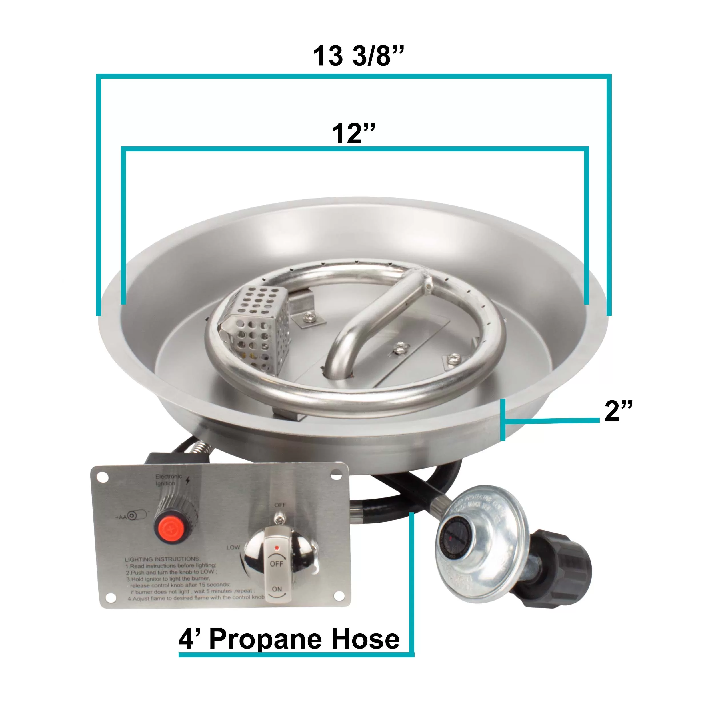 12" Round CSA Certified Fire Pit Burner Kit, Stainless Steel, Propane, Electronic Ignition