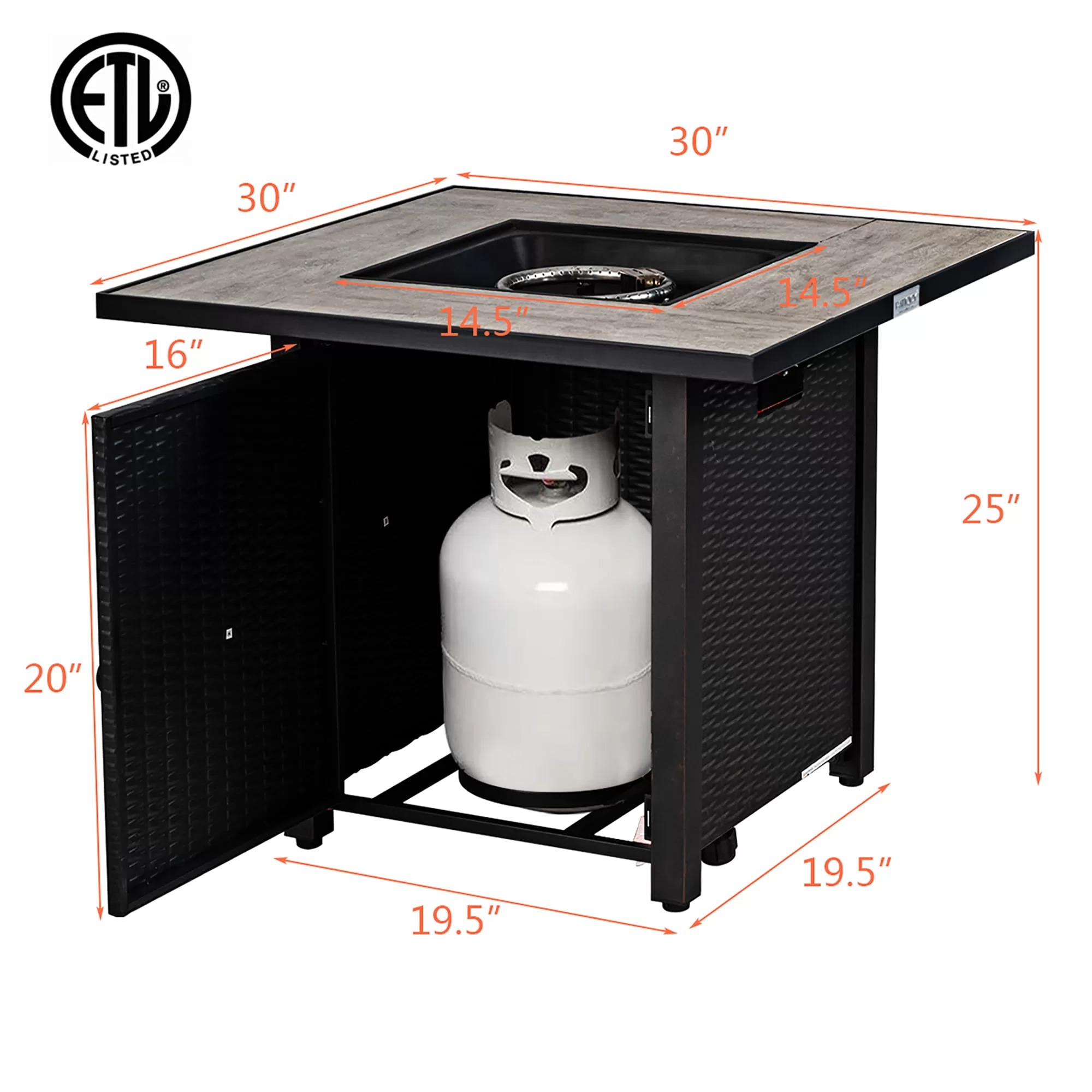 Costway 30'' Square Propane Gas Fire Pit Table Ceramic Tabletop 50,000 BTU with Cover