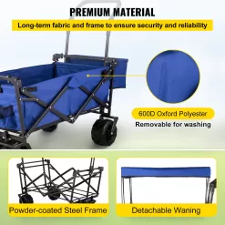 VEVORbrand Collapsible Wagon Cart Blue, Removable Canopy 600D Oxford Cloth, Portable Folding Wagon Adjustable Handles