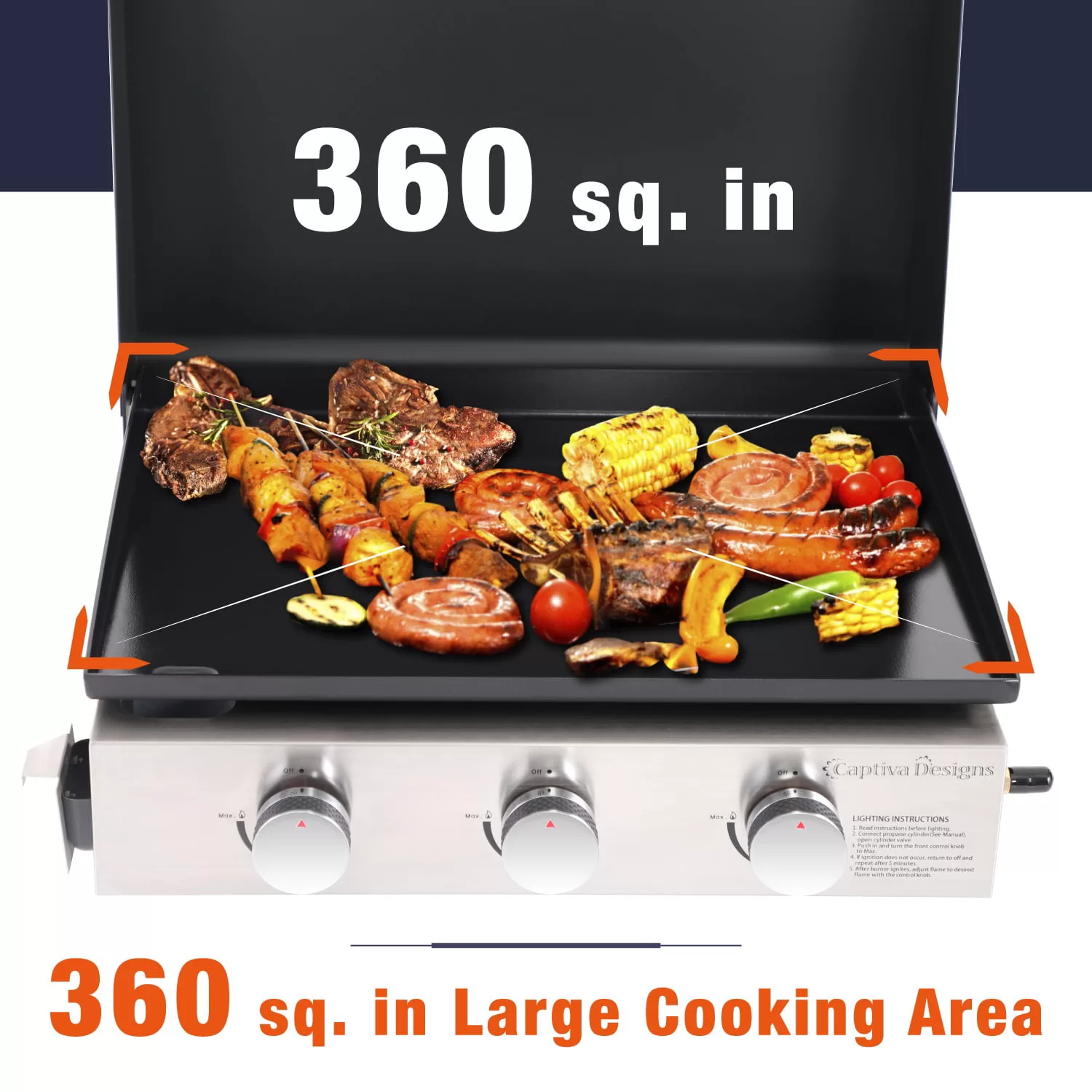 MF Studio 22-Inch Tabletop Griddle Portable Propane Gas Griddle with 3 Burners - Black