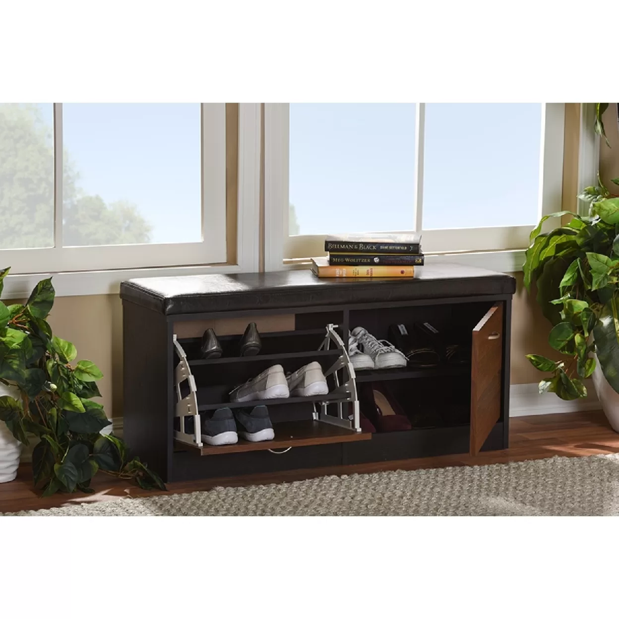 Baxton Studio Foley Entryway Cushioned Bench Shoe Rack Cabinet Organizer