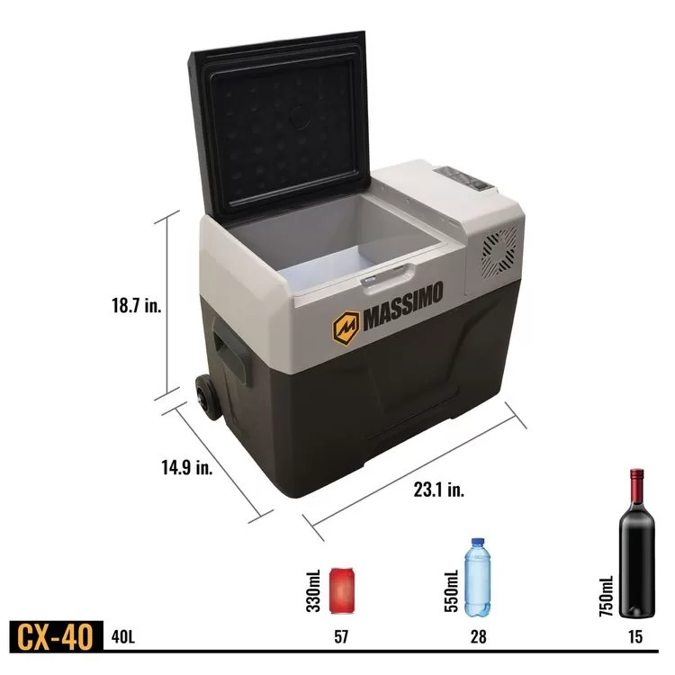 E-Kooler Bluetooth Battery-Powered Portable Iceless Travel Cooler with Wheels & Sliding Handle (40 Liter, Gray)